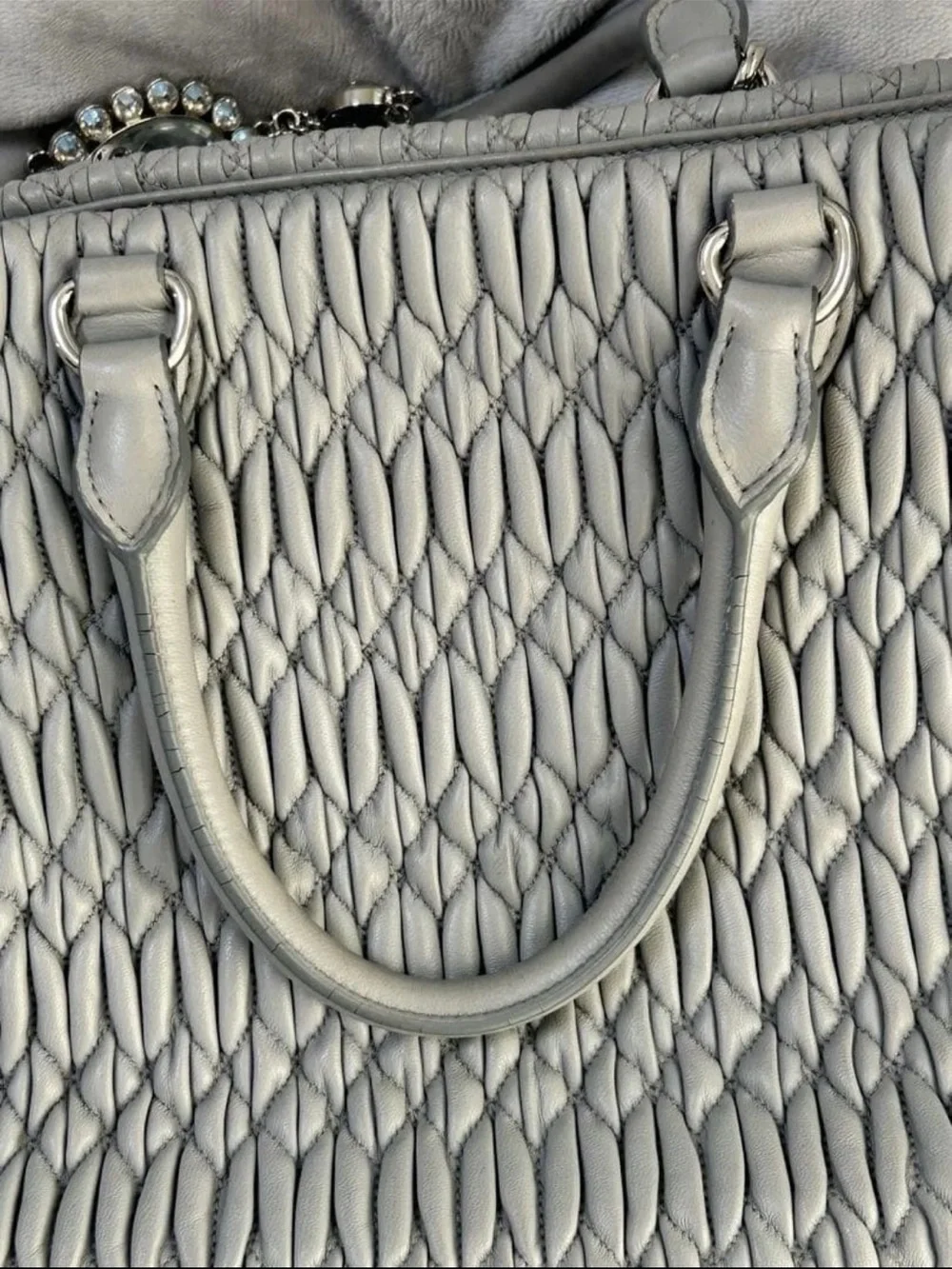 Miu Miu Quilted Gray Ruched Leather Satchel with Crystal Chain